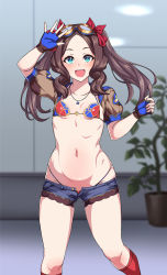 Rule 34 | 1girl, bad id, bad pixiv id, bikini, bikini top only, blue eyes, blue shorts, blush, breasts, brown gloves, brown hair, collarbone, fate/grand order, fate (series), fingerless gloves, forehead, gloves, goggles, hair ribbon, jewelry, leonardo da vinci (fate), leonardo da vinci (fate/grand order), leonardo da vinci (rider) (fate), leonardo da vinci (swimsuit ruler) (fate), long hair, looking at viewer, micro bikini, muta poo, necklace, open mouth, parted bangs, puffy short sleeves, puffy sleeves, red bikini, red ribbon, ribbon, short shorts, short sleeves, shorts, shrug (clothing), sidelocks, small breasts, smile, solo, swimsuit, thighs, twintails