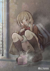Rule 34 | 1girl, alley, bag, blonde hair, blue skirt, blush, bow, bowtie, brown eyes, brown footwear, brown sweater, building, censored, covering own mouth, embarrassed, kneehighs, long hair, long sleeves, looking down, low twintails, milk carton, ootane, original, panties, panty pull, paper bag, peeing, peeing in bottle, power lines, puddle, pussy, red bow, red bowtie, school uniform, shirt, shoes, skirt, sky, sleeves past wrists, socks, squatting, steam, sweatdrop, sweater, tears, twintails, underwear, white panties, white shirt