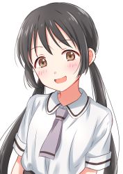 Rule 34 | 1girl, :d, absurdres, asobi asobase, black hair, blush, brown eyes, collared shirt, commentary request, highres, honda hanako, long hair, looking at viewer, low twintails, necktie, open mouth, purple necktie, sekina, shirt, simple background, smile, solo, twintails, upper body, white background, white shirt