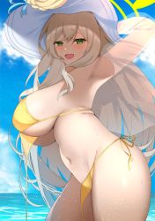 Rule 34 | 1girl, arm up, armpits, bikini, blue archive, breasts, green eyes, hat, highres, large breasts, long hair, navel, nonomi (blue archive), nonomiya shiho, open mouth, sideboob, smile, solo, swimsuit, tomi27, very long hair, yellow bikini