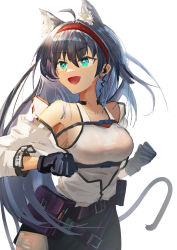 Rule 34 | 1girl, :d, absurdres, ahoge, animal ears, arknights, bare shoulders, belt, belt buckle, belt pouch, black belt, black gloves, black hair, blaze (arknights), breasts, buckle, cat ears, cat girl, cat tail, chest strap, chinese commentary, clenched hands, commentary, cowboy shot, earpiece, gloves, green eyes, hair between eyes, hairband, hands up, highres, jacket, leather, leather gloves, long hair, long sleeves, looking to the side, medium breasts, nian962464, open clothes, open jacket, open mouth, outstretched arms, pale skin, pouch, red hairband, shirt, simple background, sleeves pushed up, smile, solo, standing, tail, tank top, throat microphone, very long hair, white background, white jacket, white sleeves, white tank top