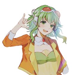 Rule 34 | 1girl, \m/, ariel (prayerofrot), brooch, collar, commentary, detached collar, goggles, goggles on head, green eyes, green hair, green tube top, gumi, gumi (ai megpoid), headphones, jacket, jewelry, looking at viewer, medium hair, open mouth, orange jacket, red goggles, seikan hikou, shirt, sidelocks, smile, solo, sparkle, strapless, tube top, upper body, vocaloid, voice actor connection, white background, white collar, yellow shirt