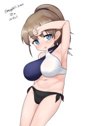 Rule 34 | 1girl, absurdres, bikini, blue eyes, brown hair, dated, highres, intrepid (kancolle), kantai collection, maru (marg0613), mismatched bikini, multicolored bikini, multicolored clothes, official alternate costume, one-hour drawing challenge, ponytail, short hair, side-tie bikini bottom, simple background, solo, swimsuit, twitter username, white background