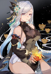 Rule 34 | 1girl, absurdres, bare shoulders, black dress, breasts, commentary, crying, crying with eyes open, detached sleeves, dress, genshin impact, hamonji, highres, large breasts, long sleeves, shenhe (frostflower dew) (genshin impact), shenhe (genshin impact), sleeveless, sleeveless dress, solo, swept bangs, tears, thighs