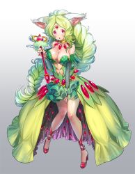 Rule 34 | 1girl, :o, animal ears, big hair, braid, breasts, detached sleeves, dress, forehead jewel, frilled skirt, frills, full body, gradient background, green dress, green hair, holding, jewelry, large breasts, long hair, low-tied long hair, magical girl, parted lips, pink eyes, simple background, single braid, skirt, solo, staff, standing, very long hair, wand, yanyo (ogino atsuki)
