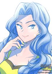 Rule 34 | 1girl, bare arms, bare shoulders, blue eyes, blue hair, breasts, camisole, cleavage, collarbone, creatures (company), crop top, dated, game freak, hair over breasts, karen (pokemon), large breasts, light blue hair, long hair, nintendo, parted bangs, pokemon, pokemon hgss, ratowa, spaghetti strap, upper body, wavy hair, yellow camisole, yellow nails