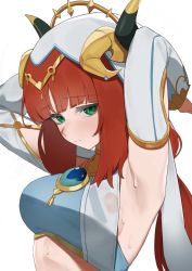 Rule 34 | 1girl, armpits, arms behind head, arms up, blunt bangs, breasts, closed mouth, commentary request, detached sleeves, flasso, from side, gem, genshin impact, green eyes, highres, hood, hood up, horns, large breasts, long hair, nilou (genshin impact), red hair, simple background, solo, sweat, upper body, white background, white sleeves