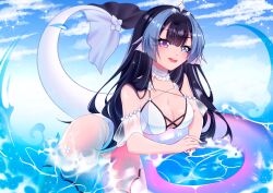 Rule 34 | 1girl, abeliavt (vtuber), artist request, black hair, blue sky, breasts, cleavage cutout, clothing cutout, cloud, cloudy sky, gem, heterochromia, large breasts, lifebuoy, long hair, multicolored hair, ocean, open mouth, pearl (gemstone), sky, smile, swim ring, swimsuit, tain, two-tone hair, virtual youtuber, water, white hair