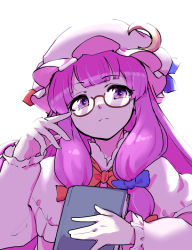 Rule 34 | 1girl, backlighting, berusuke (beru no su), bespectacled, bloom, blunt bangs, blush, book, bow, crescent, crescent hat ornament, expressionless, glasses, hat, hat ornament, holding, long hair, long sleeves, looking to the side, mob cap, patchouli knowledge, purple eyes, purple hair, simple background, solo, touhou, white background, ||/