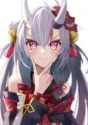 Rule 34 | 1girl, absurdres, bare shoulders, bell, closed mouth, grey hair, hair bell, hair between eyes, hair ornament, highres, hololive, horns, japanese clothes, kimono, long hair, long sleeves, looking at viewer, mask, mask on head, multicolored hair, nakiri ayame, nakiri ayame (1st costume), natsuki (muravito), oni mask, oshi no ko, petals, pink eyes, red hair, skin-covered horns, smile, solo, star-shaped pupils, star (symbol), streaked hair, symbol-shaped pupils, upper body, v-shaped eyebrows, v over mouth, virtual youtuber, white background, wide sleeves