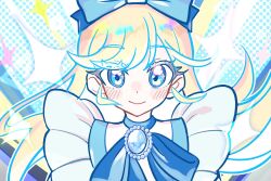 Rule 34 | 1girl, blonde hair, blue bow, blue eyes, blue ribbon, bow, brooch, closed mouth, commentary request, hair bow, himitsu no aipri, hoshikawa mitsuki, idol clothes, jewelry, long hair, looking at viewer, neck ribbon, pretty series, ribbon, smile, solo, sparkle, techimi
