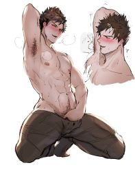 Rule 34 | 1boy, abs, arm behind head, armpits, belial (granblue fantasy), black hair, black pants, blush, crotch grab, full body, grabbing own breast, granblue fantasy, haiki (tegusu), hand in pants, hand under clothes, kneeling, licking, licking armpit, looking at viewer, male focus, male pubic hair, multiple views, nipples, pants, pubic hair, red eyes, simple background, solo focus, sweat, toned, toned male, topless male, white background