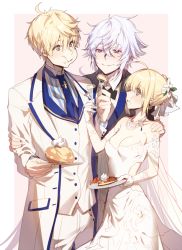 Rule 34 | 1girl, 2boys, :t, ahoge, arthur pendragon (fate), arthur pendragon (white rose) (fate), artoria pendragon (all), artoria pendragon (fate), bare shoulders, blonde hair, blue neckwear, blush, breasts, cake, cake slice, cleavage, closed mouth, collarbone, collared shirt, cowboy shot, dore (gilles dore), dress, earrings, eating, elbow gloves, fate/grand order, fate/prototype, fate/stay night, fate (series), flower, food, food in mouth, formal, gloves, green eyes, hair between eyes, hair flower, hair ornament, hair ribbon, hand on another&#039;s arm, hand on another&#039;s shoulder, height difference, holding, holding plate, jacket, jewelry, long sleeves, looking at another, looking down, looking up, merlin (fate/stay night), midriff, multiple boys, necklace, necktie, off-shoulder dress, off shoulder, official alternate costume, outside border, pants, pink background, plate, purple eyes, ribbon, saber (avalon celebrate) (fate), saber (fate), see-through, shirt, short hair, silver hair, simple background, small breasts, smile, standing, standing on one leg, striped clothes, striped shirt, suit, vertical-striped clothes, vertical-striped shirt, vest, white dress, white gloves, white jacket, white pants, white ribbon, white vest, wing collar