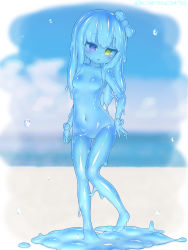 Rule 34 | 1girl, :o, absurdres, barefoot, blue hair, blue sclera, blue skin, blurry, blurry background, blush, bow, breasts, colored sclera, colored skin, completely nude, contrapposto, curss, depth of field, full body, green eyes, hair bow, head tilt, heterochromia, highres, long hair, monster girl, navel, no nipples, nude, original, parted lips, purple eyes, slime girl, small breasts, solo, standing, thigh gap, wrist bow