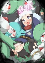 Rule 34 | 5girls, ahegao, akari (pokemon), alternate color, anal fingering, black hair, blush, colored skin, creatures (company), dashed eyes, double fingering, female focus, fingering, fingering from behind, galaxy expedition team survey corps uniform, game freak, gang rape, gardevoir, gen 3 pokemon, glowing, glowing eyes, glowing hand, green hair, green skin, group sex, hair over one eye, head scarf, highres, interspecies, kumasan (kumazonjp), long hair, mind control, multicolored skin, multiple girls, nintendo, open mouth, pantyhose, pokemon, pokemon (creature), pokemon legends: arceus, pokephilia, pussy, pussy juice, rape, red eyes, red scarf, saliva, saliva trail, scarf, shiny and normal, shiny pokemon, short hair, smile, tears, torn clothes, torn legwear, two-tone skin, uncensored, vaginal, white headwear, white skin, yuri