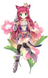 Rule 34 | 1girl, animal ears, arikawa satoru, armor, armored dress, black thighhighs, boots, cat ears, choker, crown, flower, flower knight girl, full body, gloves, green eyes, knee boots, long hair, looking at viewer, armored boots, mini crown, name connection, object namesake, official art, purple skirt, raiongoroshi (flower knight girl), red hair, single glove, skirt, smile, solo, thighhighs, thighhighs under boots, white background