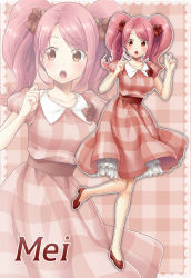 Rule 34 | 1girl, alternate costume, blush, breasts, character name, checkered background, checkered clothes, checkered dress, contemporary, dress, fire emblem, fire emblem echoes: shadows of valentia, frills, full body, hair ribbon, high heels, highres, leg up, long hair, mae (fire emblem), medium breasts, nintendo, open mouth, pink hair, red eyes, ribbon, solo, twintails, yuino (fancy party), zoom layer
