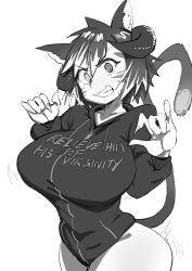Rule 34 | 1girl, animal ears, breasts, cat ears, cat girl, cat tail, claws, clothes writing, fang, fingernails, grin, gs16 (chug), hand gesture, highres, hood, hoodie, horns, huge breasts, jiggle, jourjii, looking at viewer, monochrome, motion lines, multicolored hair, nail, nails, no pants, original, sharp fingernails, short hair, slit pupils, smile, smug, solo, tail, tail raised, teeth, thick thighs, thighs, two-tone hair, white background