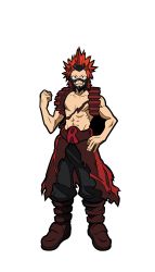 Rule 34 | 1boy, abs, boku no hero academia, boots, full body, highres, kirishima eijirou, looking at viewer, male focus, muscular, official art, pants, pectorals, red eyes, red hair, topless male, shoes, short hair, simple background, smile, solo, spiked hair, standing, teeth