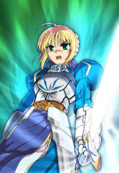 Rule 34 | 00s, 1girl, armor, armored dress, artoria pendragon (fate), blonde hair, dress, excalibur (fate/stay night), fate/stay night, fate (series), g-tetsu, glowing, glowing sword, glowing weapon, green eyes, puffy sleeves, saber (fate), solo, sword, weapon