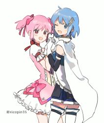 Rule 34 | 2girls, artist name, blue eyes, blue hair, blush, cape, detached sleeves, fortissimo, frills, gloves, hair ornament, hair ribbon, highres, holding hands, kaname madoka, kawa (ricopin35), looking at viewer, magical girl, mahou shoujo madoka magica, mahou shoujo madoka magica (anime), mahou shoujo madoka magica movie 1 &amp; 2, miki sayaka, multiple girls, musical note, musical note hair ornament, neck ribbon, one eye closed, pink hair, red eyes, red ribbon, ribbon, short hair, short twintails, skirt, smile, thighhighs, twintails, twitter username, white background, white cape, white gloves, zettai ryouiki