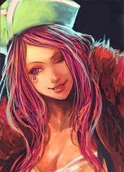 Rule 34 | 1girl, anti-eyebrow piercing, bad id, bad pixiv id, black background, breasts, cleavage, coat, fur coat, jewelry bonney, large breasts, long hair, one eye closed, one piece, pink hair, purple eyes, realistic, simple background, smile, solo, tsuyomaru, upper body, wink