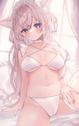 Rule 34 | 1girl, animal ear fluff, animal ears, arm at side, backlighting, bare arms, bikini, blue eyes, blush, braid, breasts, breasts apart, cameltoe, cat ears, chitose (chi candy), choker, collarbone, cowboy shot, criss-cross halter, expressionless, eyelashes, french braid, frilled pillow, frills, hair between eyes, halterneck, hand on own thigh, head tilt, heart, heart-shaped pillow, highres, indoors, knee up, large breasts, long hair, looking at viewer, maid headdress, navel, on bed, original, pillow, sitting, solo, spread legs, string bikini, swimsuit, thigh strap, two side up, white bikini, white choker, white hair, window