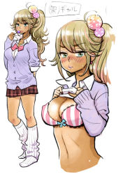 Rule 34 | 1girl, blonde hair, blush, bow, bra, breasts, candy, cleavage, clothes lift, dark skin, earrings, food, green eyes, gyaru, hair ornament, jewelry, kogal, licking, lollipop, long hair, loose socks, multiple views, navel, necklace, original, pleated skirt, ponytail, shirt lift, skirt, socks, striped bra, striped clothes, sweater, tongue, tongue out, translation request, uehasu (drill&#039;n girl), underwear, vertical-striped bra, vertical-striped clothes
