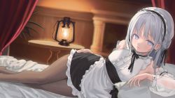 Rule 34 | 1girl, apron, black ribbon, black skirt, blue eyes, blurry, blurry background, closed mouth, commission, detached sleeves, dress shirt, frilled apron, frilled skirt, frills, grey hair, hair ribbon, high-waist skirt, highres, long hair, long sleeves, lying, maid, maid headdress, miniskirt, on side, original, p00nipooni, pantyhose, ribbon, see-through, see-through sleeves, shirt, skirt, sleeveless, sleeveless shirt, solo, waist apron, white apron, white shirt
