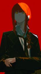 Rule 34 | 1girl, black jacket, black necktie, braid, chainsaw man, closed mouth, collarbone, collared jacket, collared shirt, commentary request, crossed arms, formal, grey shirt, hair between eyes, hair ornament, highres, jacket, john kafka, long hair, long sleeves, looking to the side, makima (chainsaw man), necktie, red background, red hair, shirt, sidelocks, simple background, solo, standing, suit, yellow eyes