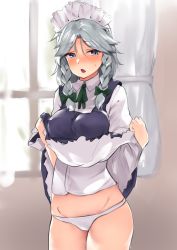 Rule 34 | 1girl, asuzemu, blue dress, blue eyes, blush, bow, braid, breasts, clothes lift, commentary request, cowboy shot, curtains, dress, dress lift, green bow, green ribbon, groin, hair bow, indoors, izayoi sakuya, lifting own clothes, looking at viewer, maid, maid headdress, medium breasts, neck ribbon, open mouth, panties, petticoat, puffy short sleeves, puffy sleeves, ribbon, shirt, short sleeves, silver hair, solo, standing, thighs, touhou, twin braids, underwear, white panties, white shirt, window, wing collar