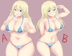 Rule 34 | 10s, 2girls, atago (kancolle), bifidus, bikini, blonde hair, blue eyes, breasts, comparison, curvy, dual persona, female focus, huge breasts, kantai collection, large breasts, long hair, multiple girls, plump, size difference, swimsuit, thick thighs, thighs
