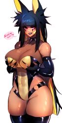 Rule 34 | 1girl, absurdres, animal ears, anput (nsfwolf), black choker, black hair, black lips, black nails, black thighhighs, breasts, choker, cleavage, collarbone, commentary, dark-skinned female, dark skin, elbow gloves, english text, fingernails, freckles, gloves, gold leotard, hands on own chest, highres, jackal ears, jewelry, large breasts, legs together, leotard, long fingernails, long hair, looking at viewer, nsfwolf, original, pink eyes, portrait, sketch, smile, solo, speech bubble, spiked choker, spikes, symbol-only commentary, thighhighs, thighs, white background