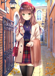 Rule 34 | 1girl, autumn, autumn leaves, bag, beret, black thighhighs, blue sky, blush, breasts, brown coat, brown hair, brown scarf, building, cellphone, cloud, coat, commentary request, cowboy shot, day, fingernails, fortissimo, fringe trim, gate, ginkgo leaf, ginkgo tree, green eyes, hair ornament, handbag, hat, heart pendant, higeneko, holding, holding phone, jewelry, leaf, long hair, long sleeves, looking at viewer, md5 mismatch, musical note, musical note hair ornament, open clothes, open coat, original, outdoors, parted lips, partial commentary, pendant, phone, plaid, plaid skirt, purple shirt, red hat, red skirt, resolution mismatch, revision, scarf, shirt, shoulder bag, skirt, sky, sleeves past wrists, small breasts, smartphone, solo, source larger, standing, thighhighs, treble clef, turtleneck, wall lamp, window, zettai ryouiki