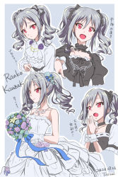 Rule 34 | 1girl, :o, absurdres, artist name, bare shoulders, black dress, black ribbon, blouse, blue ribbon, blush, border, bouquet, character name, commentary request, dated, dress, drill hair, flower, gloves, grey background, grey hair, hair ribbon, highres, holding, holding bouquet, idolmaster, idolmaster cinderella girls, kanzaki ranko, medium hair, multiple views, red eyes, ribbon, shirt, smile, strapless, strapless dress, tatami (loop), translation request, twin drills, twintails, wedding dress, white border, white dress, white gloves, white shirt