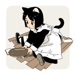 Rule 34 | 1girl, akai sashimi, animal ears, black hair, blush stickers, cat ears, cat tail, maid, original, salamander, short hair, sitting, tail