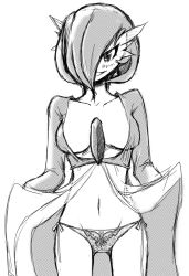 Rule 34 | 1girl, blush, bow, bow panties, breasts, cleavage, clothes lift, collarbone, creatures (company), dress, dress lift, game freak, gardevoir, gen 3 pokemon, hair over one eye, lifting own clothes, lingerie, long sleeves, medium breasts, monochrome, navel, nintendo, no humans, panties, pokemon, pokemon (creature), pokemon rse, short hair, side-tie panties, simple background, smile, solo, su gata, underwear, white background