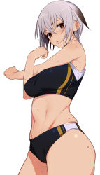 Rule 34 | 1girl, bare shoulders, breasts, brown eyes, buruma, cowboy shot, from side, grey hair, highres, large breasts, looking at viewer, midriff, navel, original, parted lips, shinjiro, short hair, simple background, solo, sports bikini, stretching, sweat, white background