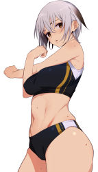 1girl bare_shoulders breasts brown_eyes buruma cowboy_shot female_focus from_side grey_hair highres large_breasts looking_at_viewer midriff navel original parted_lips shinjiro short_hair simple_background solo sports_bikini stretching sweat white_background