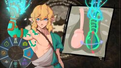 Rule 34 | 1boy, archaic set (zelda), armpits, blonde hair, blue eyes, closed mouth, elf, glowing, glowing hand, grongo art, hand up, heads-up display, highres, link, looking at viewer, male focus, meme, muscular, muscular male, nintendo, nipples, pectorals, pointy ears, sash, solo, testicles, testicular torsion, the legend of zelda, the legend of zelda: tears of the kingdom
