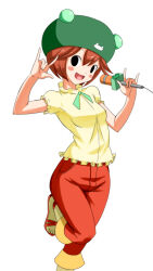 Rule 34 | 1girl, artist request, blush stickers, breasts, brown hair, hat, holding, holding microphone, looking at viewer, medium breasts, mega man (series), mega man battle network, microphone, open mouth, pants, ribitta (mega man), short hair, smile, standing, standing on one leg, white background, wide hips