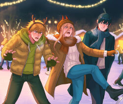 1girl 2boys antlers black_boots black_hair black_hairband black_jacket black_pants blonde_hair blue_pants blue_scarf blush boots brown_jacket chainsaw_man chalseu closed_mouth deer_antlers demon_horns denji_(chainsaw_man) fake_antlers fingerless_gloves fur-trimmed_jacket fur_trim gloves green_gloves green_hoodie hairband hayakawa_aki highres hood hoodie horns jacket long_hair long_sleeves multiple_boys open_mouth pants power_(chainsaw_man) red_eyes scarf sharp_teeth short_hair smile sweater teeth white_sweater