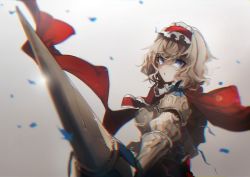 Rule 34 | 1girl, :o, alice margatroid, armor, bad id, bad twitter id, blonde hair, blue eyes, blurry, breastplate, chromatic aberration, depth of field, gauntlets, hairband, jpeg artifacts, lance, looking at viewer, no-kan, polearm, short hair, solo, touhou, upper body, weapon