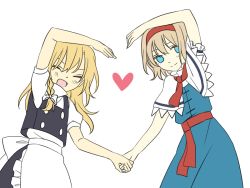 Rule 34 | 2girls, alice margatroid, apron, ascot, blonde hair, blue eyes, blush, capelet, couple, closed eyes, hairband, holding hands, heart, heart arms duo, kirisame marisa, multiple girls, no headwear, open mouth, simple background, smile, touhou, tsuno no hito, waist apron, white background, yuri