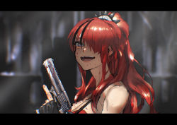 Rule 34 | 1girl, absurdres, bare shoulders, black hair, blood, blood on face, eden-gumi, fingernails, gun, hair ornament, highres, holding, holding gun, holding weapon, index finger raised, lain paterson, lain paterson (1st costume), letterboxed, long hair, multicolored hair, nijisanji, open mouth, ponytail, purple eyes, red hair, solo, strap, streaked hair, upper body, virtual youtuber, weapon, yosihito