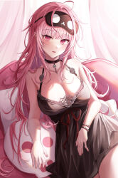 Rule 34 | 1girl, absurdres, black choker, black dress, blush, bracelet, breasts, choker, cleavage, collarbone, curtains, dress, highres, hololive, hololive english, jewelry, kim leeyoon, large breasts, long hair, mask, mask on head, messy hair, mori calliope, mori calliope (sleepwear), nightgown, official alternate costume, parted lips, pillow, pink hair, red eyes, sitting, skull, sleep mask, solo, virtual youtuber, wavy hair