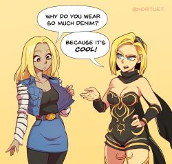 Rule 34 | 2girls, android 18, blonde hair, blue eyes, breasts, cleavage, dark-skinned female, dark skin, dragon ball, english text, female focus, gravity daze, highres, kitten (gravity daze), medium breasts, multiple girls, nortuet, open mouth, red eyes, revealing clothes, simple background, wide hips
