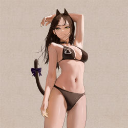 Rule 34 | 1girl, absurdres, animal ears, arm behind head, arm up, bikini, black bikini, black choker, black hair, black tail, bow, breasts, cat ears, cat girl, cat tail, choker, closed mouth, commentary, cowboy shot, english commentary, fieryonion, grey background, highres, looking to the side, medium breasts, navel, original, purple bow, solo, swimsuit, tail, tail bow, tail ornament, yellow eyes