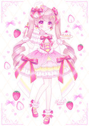 Rule 34 | 1girl, :o, bare shoulders, blush, bow, brown hair, cake, cake slice, collarbone, commentary request, dotted line, dress, earrings, food, fork, fruit, full body, hair bow, hat, heart, heart earrings, highres, himetsuki luna, holding, holding fork, jewelry, long hair, looking at viewer, mini hat, necklace, off-shoulder dress, off shoulder, original, parted lips, pearl necklace, pink bow, pink dress, pink footwear, plate, purple eyes, red bow, ringlets, shoes, signature, solo, standing, standing on one leg, strawberry, tilted headwear, twintails, twitter username, very long hair, white background, yellow bow