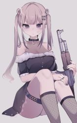 Rule 34 | 1girl, ak-47, ass, assault rifle, bandaid, bandaid on cheek, bandaid on face, bare shoulders, black dress, blush, breasts, brown eyes, brown hair, closed mouth, collarbone, commentary request, covered collarbone, dress, fishnets, grey background, grey nails, gun, hair ornament, hair rings, hairclip, hand on own knee, heart, heart collar, highres, holding, holding gun, holding weapon, kalashnikov rifle, long hair, looking at viewer, medium breasts, multicolored nails, nail art, nail polish, original, puffy short sleeves, puffy sleeves, rifle, short sleeves, sidelocks, simple background, sleeveless, socks, solo, tsuruse, twintails, very long hair, weapon